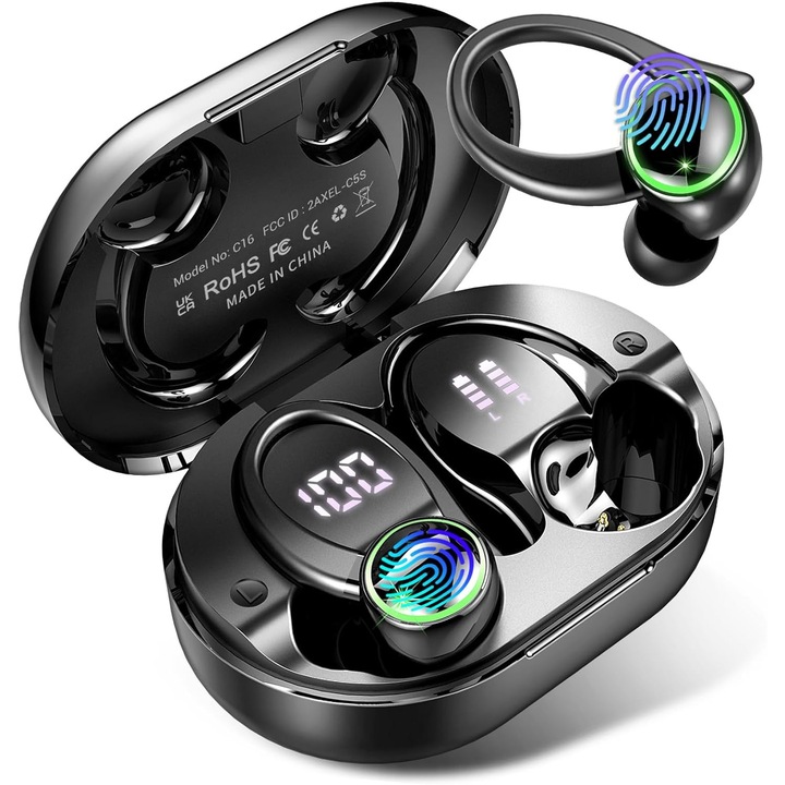Спортни безжични слушалки, Wanscomin®, Bluetooth 5.3, аудио, HD микрофони, Дигитален дисплей, Сензорно управление, хендсфри за телефона, Автономия 36 часа, Универсална съвместимост, GymBuds, Черен