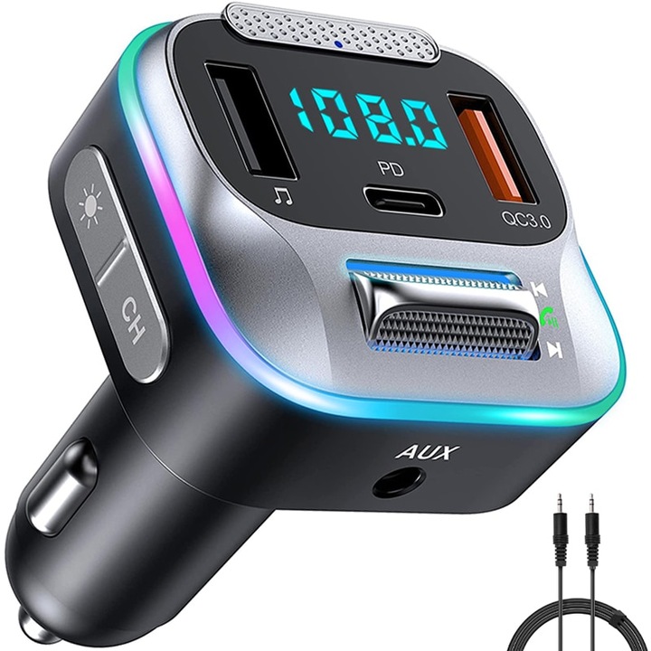 Bluetooth 5.0 autós FM modulátor, C típusú / USB QC 3.0 autós töltő, FM adó, kihangosító autós készlet, fekete