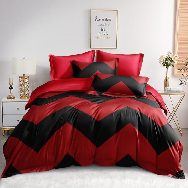 Lenjerie de pat matrimonial cu husa elastic pat si fata perna patrata, Gisela, bumbac mercerizat, multicolor, 4 piese