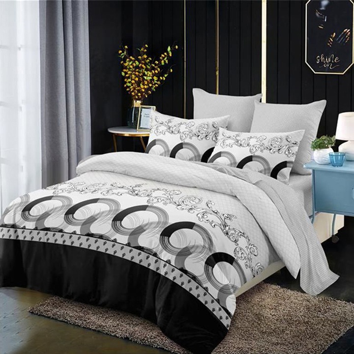 Lenjerie de pat matrimonial cu husa de perna dreptunghiulara, Mylasa, bumbac mercerizat, multicolor, 4 piese