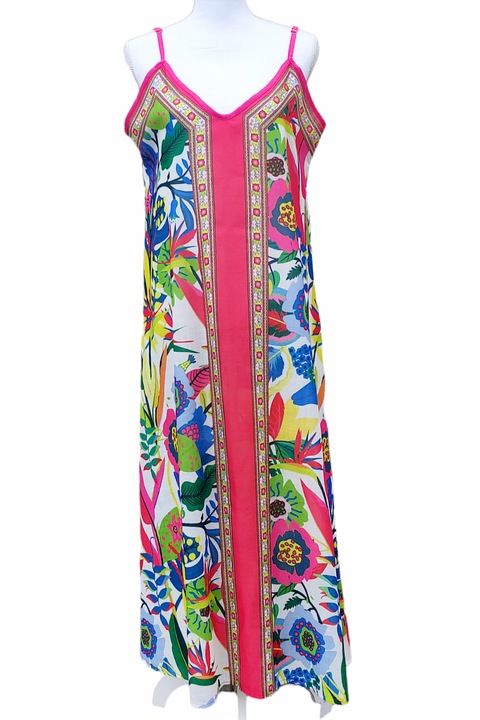 Rochie lunga cu bretelute, flori multicolore si dunga rosu neon pe fond alb, vascoza si bumbac, marime unica