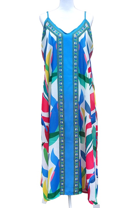 Rochie lunga cu bretelute, frunze multicolore si dunga albastra pe fond alb, vascoza si bumbac, marime unica