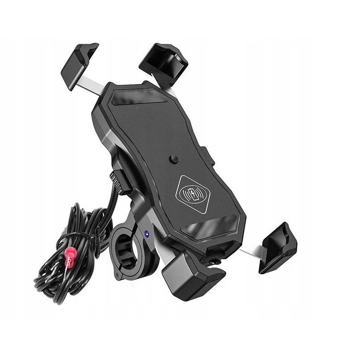Suport motocicleta pentru telefon, incarcare inductie 15W si USB, reglabil, negru, IP65
