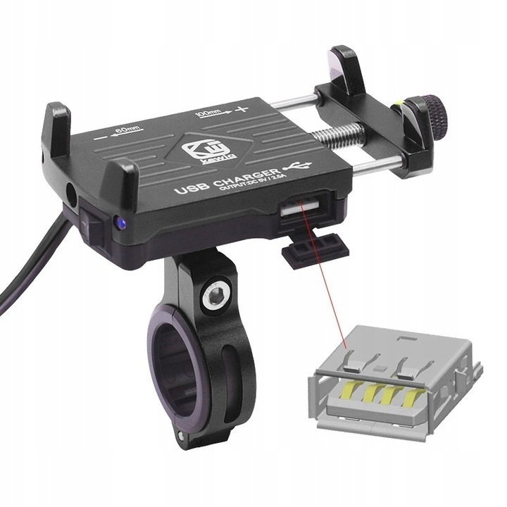 Motorkerékpár tartó telefonhoz vagy GPS-hez, USB 5V, gyors rögzítés, vízálló, fekete, 60-100mm
