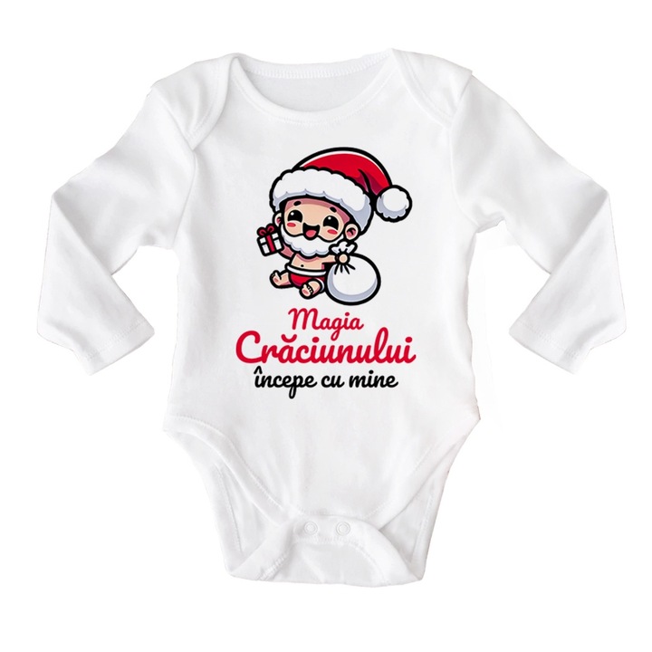 Body cu maneca lunga personalizat de Craciun - Magia Craciunului incepe cu mine, 68 cm