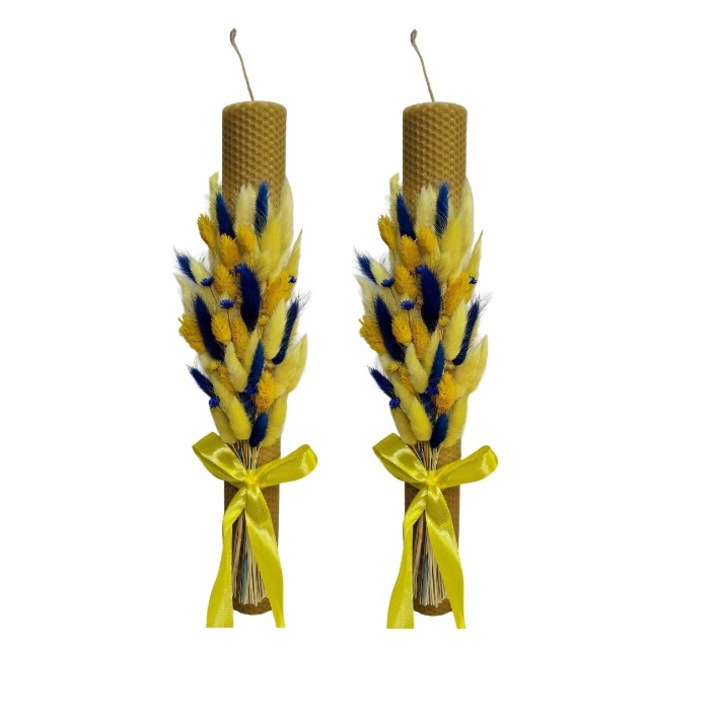 Set 2 lumanari cununie, nunta sau botez din ceara naturala, decorate cu flori naturale uscate, culoarea cerii de albine, 40.5 cm