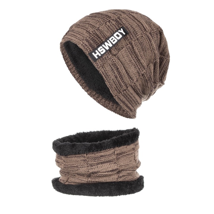 Set caciula barbati si fular asortat, pentru iarna, AllizBan®, foarte calduroase, kaki