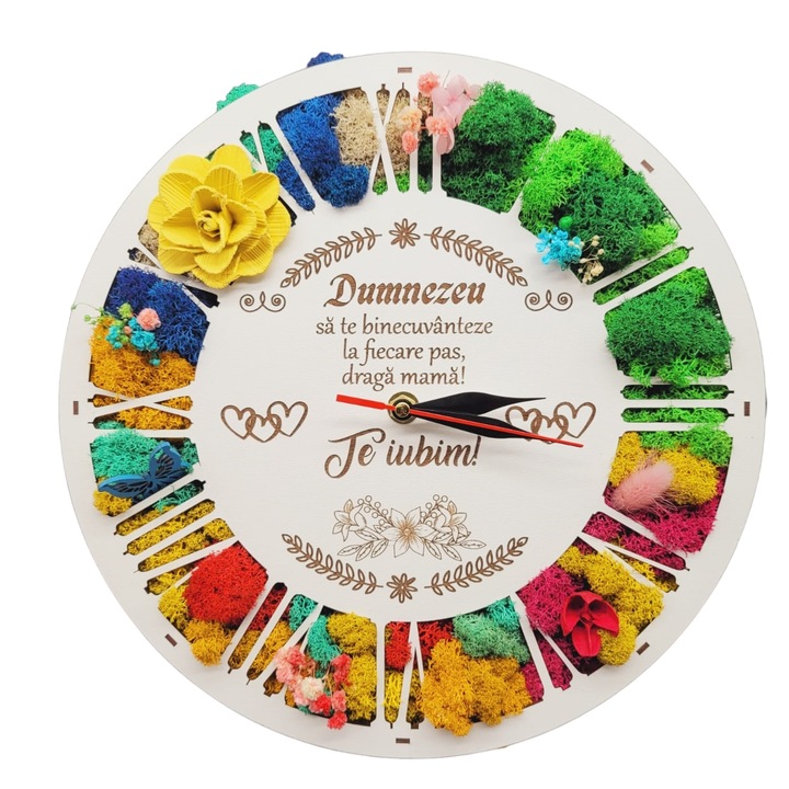 Ceas pentru mama - realizat din lemn cu licheni naturali stabilizati gravat cu mesaj laser, 30 cm, Rica DreamArt