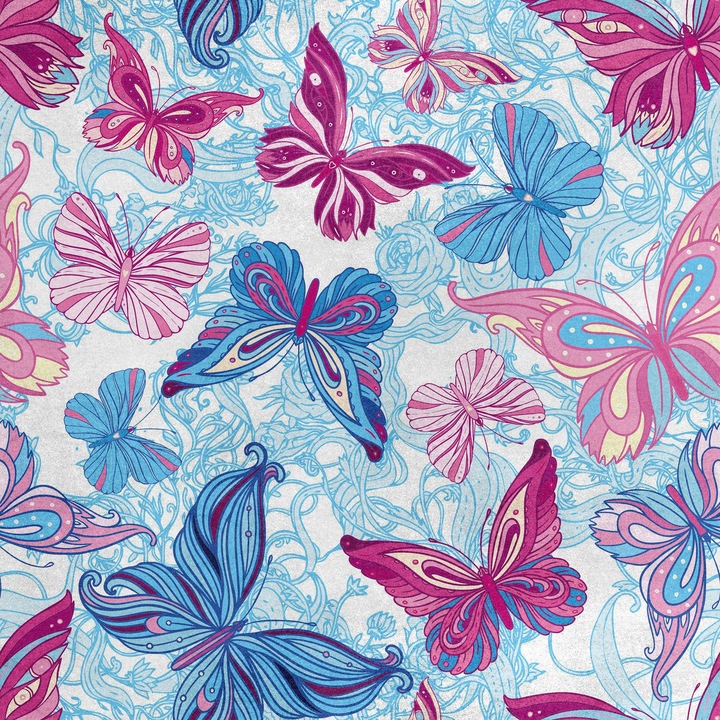 Bársonyos textil anyag, rózsaszín-kék pillangó mintával, 145x280g/m