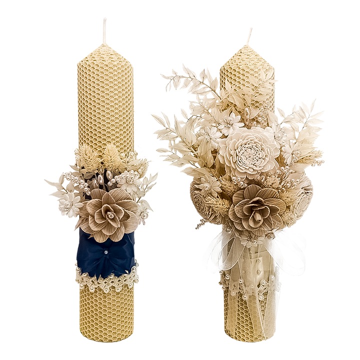 Lumanari nunta ceara de albine alba, 35 cm inaltime si 6 cm grosime, FABRICA DE LUMANARI GHIOROC, set 2 bucati, flori uscare, model crosetat manual