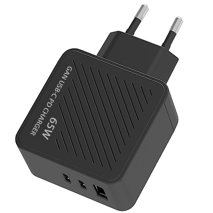 Gyorstöltő 65W, 3 port, USB-C és USB-A, fekete