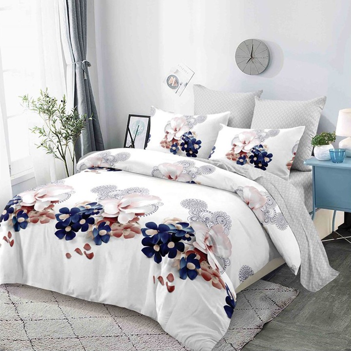 Lenjerie de pat pentru o persoana cu 2 huse de perna dreptunghiulara, Agrigento, bumbac mercerizat, multicolor, 4 piese