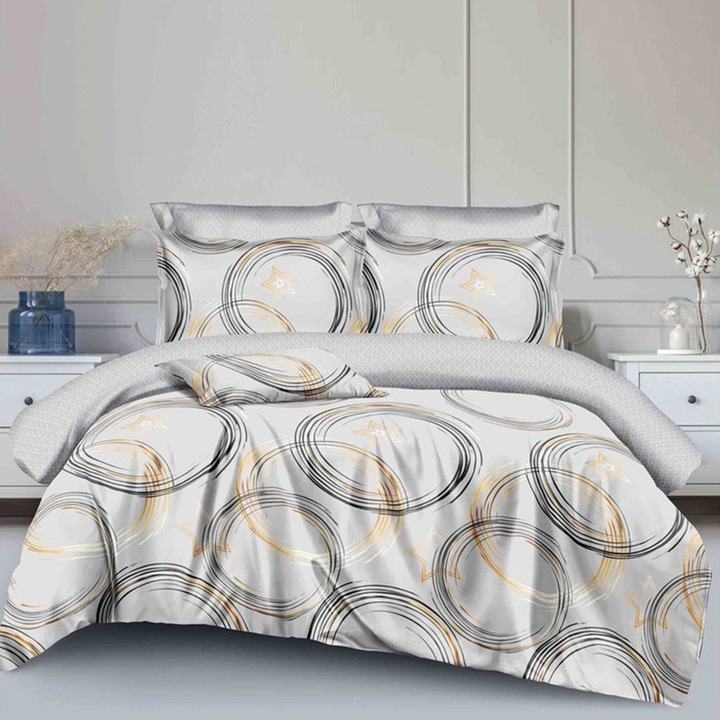 Lenjerie de pat pentru o persoana cu 2 huse de perna patrata, Nerio, bumbac mercerizat, multicolor, 4 piese