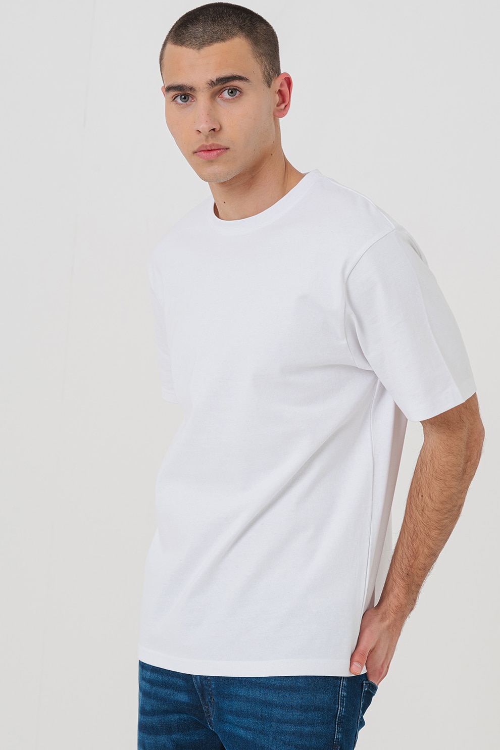 Denim Project, Tricou cu decolteu la baza gatului si imprimeu text, Alb, Albastru, XL