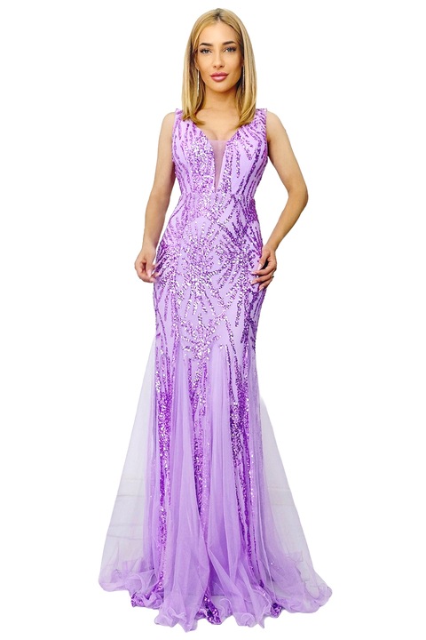 Rochie de seara, tip sirena, Fabyola, cu paiete si insertii din voal, Lila