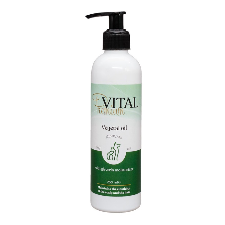 Sampon Premium Vital cu Uleiuri Vegetale si substante Naturale, inlatura excesul de grasimi, murdaria si mirosurile neplacute. Da luciu si stralucire blanii, pentru Caini si Pisici -250ML