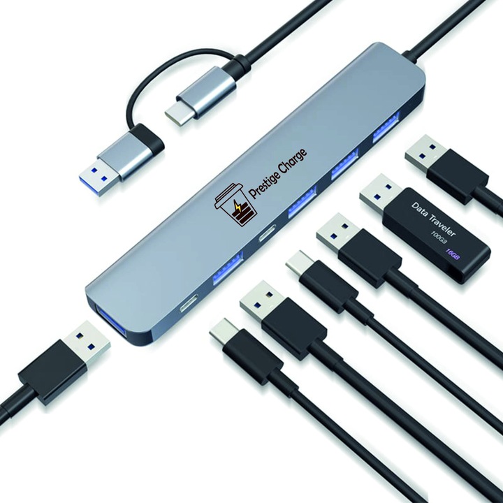 Hub 7 in 2 USB/USB-C AHA PRINT®, USB 3.0 5Gbps, 4 x USB 2.0, 2 x USB-C, Dock Laptop/Tableta, pentru Laptop, Tableta si Alte Dispozitive USB-C, Carcasa Aluminiu