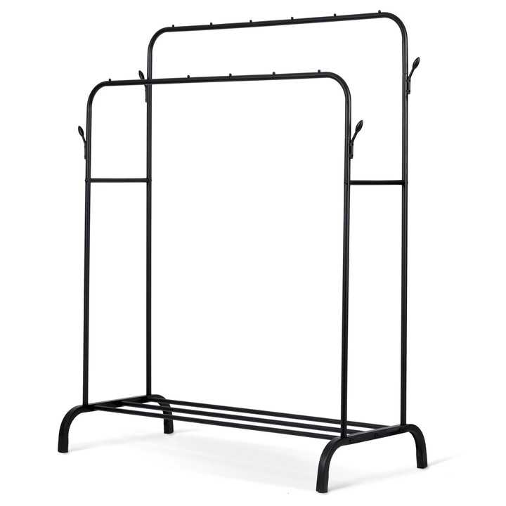Suport pentru haine DacEnergy©, constructie solida din otel, un raft, 4 suporturi laterale pentru genti si esarfe, cuier dublu, 110 x 55 x 146 cm