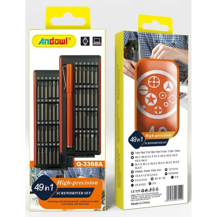 Precíziós csavarhúzó készlet 49 az 1-ben, univerzális, kis elektronikához, fekete-narancs színű