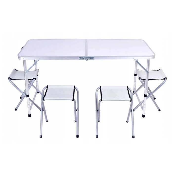 Set masa cu 4 scaune pliabile, tip valiza, metal-textil, pentru camping, plaja, pescuit sau terasa, alb-argintiu