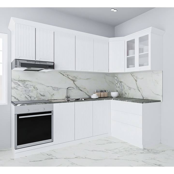 Set bucatarie Colt cu soft-close si fronturi MDF, Badenmob, seria Space, 240/140 Alb Rustic, montaj reversibil