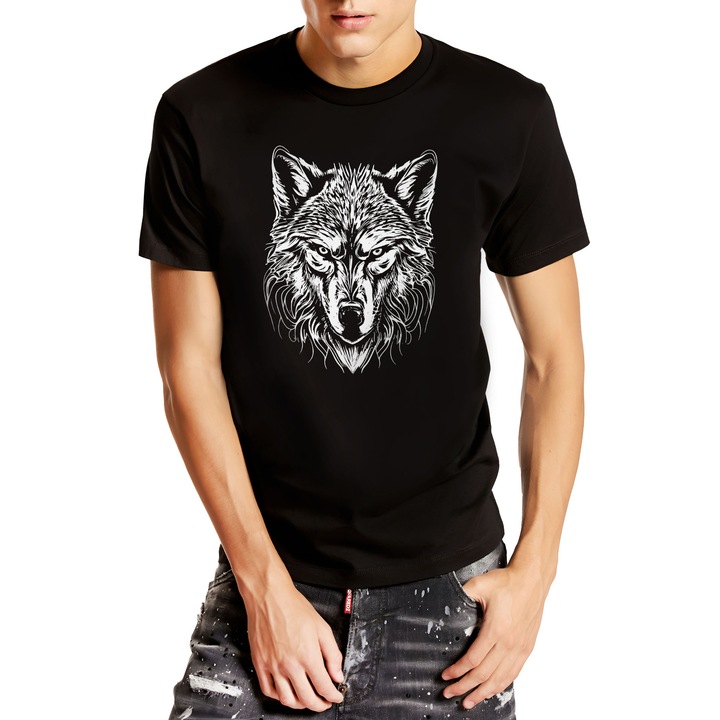 Tricou barbati, Wolf Head, Lup, Negru, M