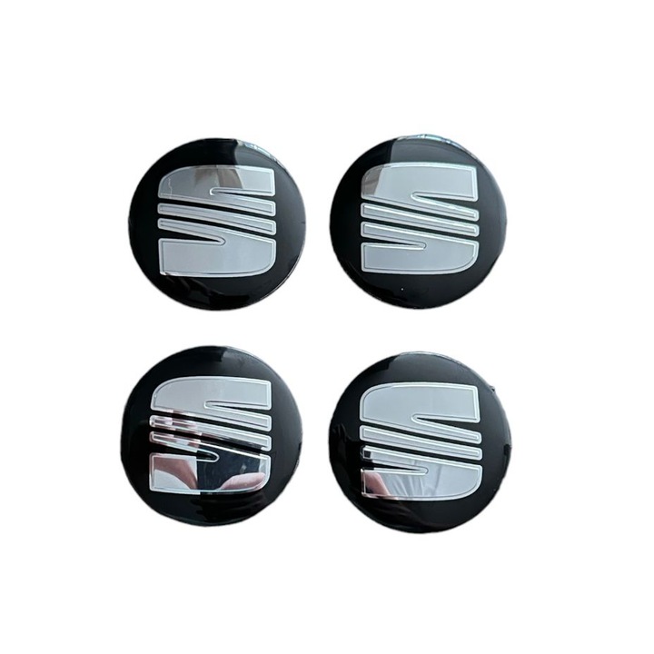 Set 4 embleme stickere abtibild Seat Negru Argintiu din tabla (aluminiu) autoadezive 56mm pentru capace roti