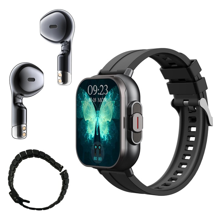 Ceas Smartwatch cu Casti Bluetooth Incorporate, Curea Silicon, 2 in 1, CELhome D8, Ritm Cardiac, Monitorizarea Somnului, Fitness, Negru + 1 x Curea Metalica