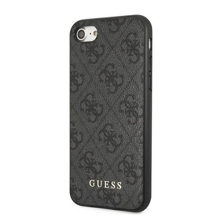 Guess 4g metal gold logo műanyag mobiltelefon tok, textil hátlap, sötétszürke, kompatibilis: Apple iPhone 8 4.7 / iPhone 7 4.7 / iPhone SE 2, 2020