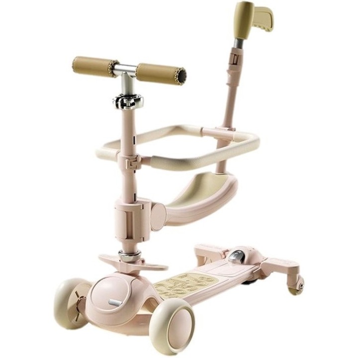 Babakocsi típusú roller gyerekeknek 7 az 1-ben, Összecsukható, Állítható kormány, Led lámpák, Zene, Lábtámasz, Rózsaszín, Avaleea