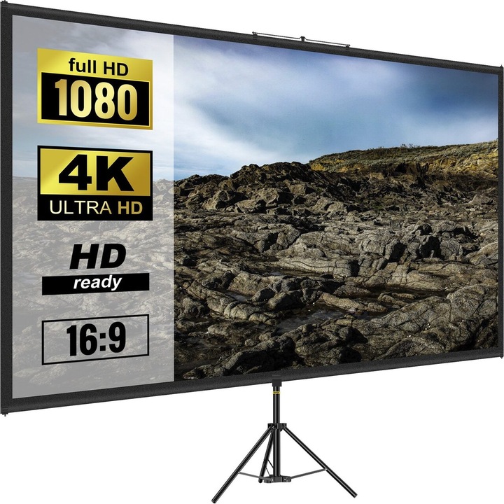 70-инчов прожекционен екран със статив, 4K Ultra HD, преносим, 16:9, материал против светлина, миещ се екран