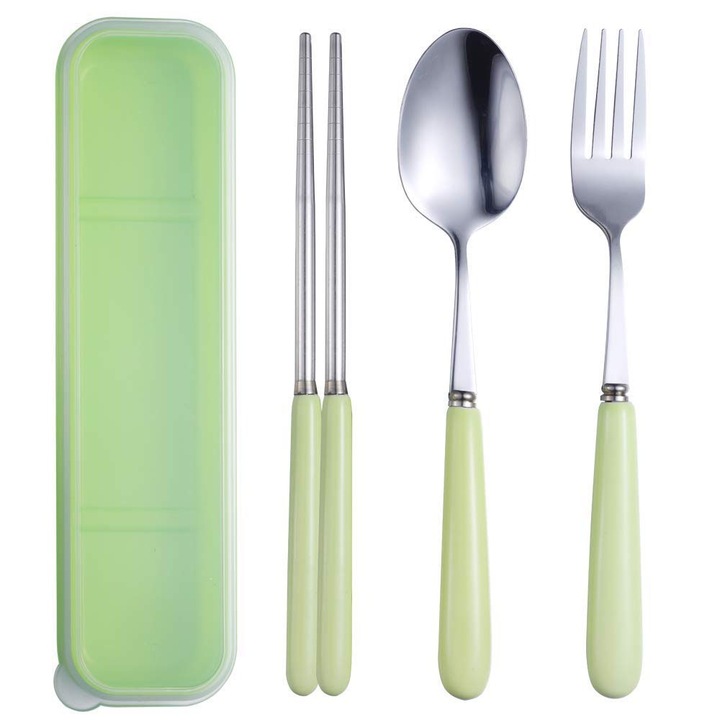 Set 3 tacamuri reutilizabile, inox, ceramica, verde, cu cutie de transport