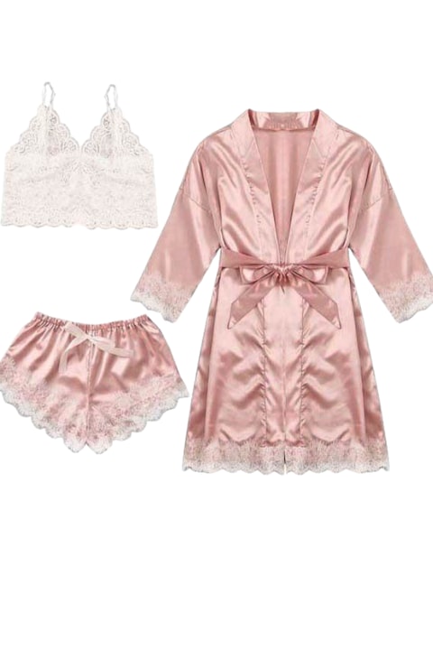 Set Pijama din satin si dantela, 3 piese, culoare Roz pudra si Alb, Marimea S