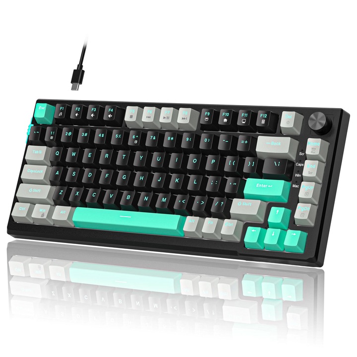 Tastatura Mecanica Gaming Timebox TKL, 75%, iluminare RGB, 83 taste, Control Rotativ Volum, cu cablu Type-C, Blue Switch, Hot-Swap, Portabila, Negru