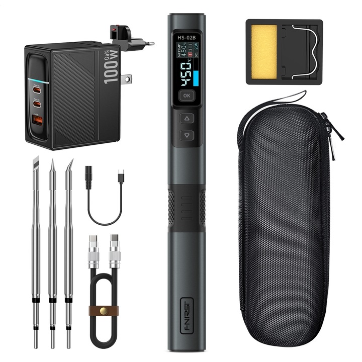 Ciocan de lipit 100W, afisaj digital, USB-C, 1.2m, FNIRSI HS-02B, pachet High profile, incarcator 100W GaN, 3 varfuri