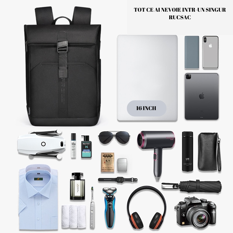 Ghiozdan multifunctional, 20-35 Litri, impermeabil, compartiment laptop de 16 inch, porturi de incarcare USB si TYPE C, potrivit pentru calatorii de afaceri si turistice, usor, catarama magnetica de inchidere, unisex, dimensiuni 45 X30 X 15 cm, Negru