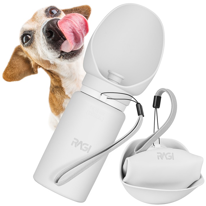 Sticla portabila RAGI ® de apa pentru Caini si Pisici, Sticla pliabila din silicon, Ideal pentru plimbari, Drumetii sau calatorii alaturi de animalul de companie, Produs fara BPA, 550 ml, gri
