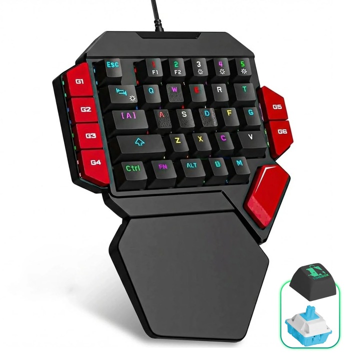 Tastatura Mecanica Gaming Timebox One Hand, iluminare RGB, 35 taste, 6 Functii Macro, suport incheietura, cu cablu, Blue Switch, Portabila, Compatibil Windows, Mac, Negru