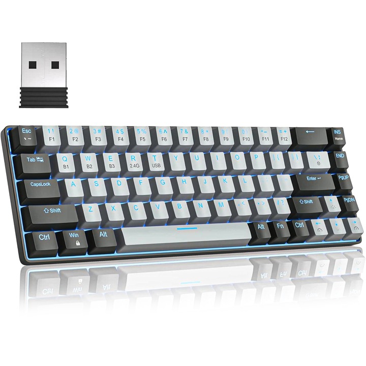 Tastatura Mecanica Gaming Timebox, Wireless, Layout 65%, Lumini LED, 68 taste, Bluetooth, 2.4G, cablu Type-C, Red Swtich, Portabila, Compaatibila Windows, Mac