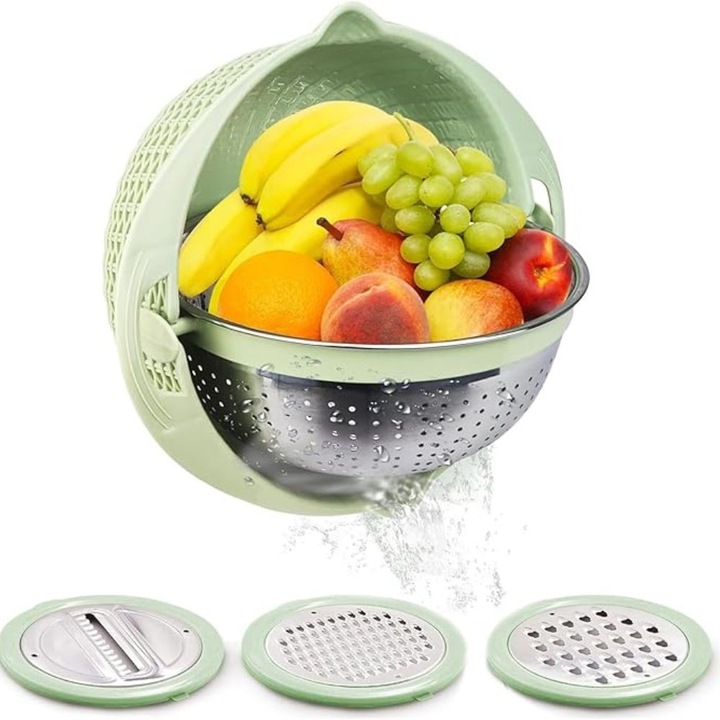 Razatoare de bucatarie multifunctionala 4 in 1 Impact Vision®, Design ergonomic cu strecuratoare rotativa 360°, Bol pentru amestecare, 4 piese, Verde