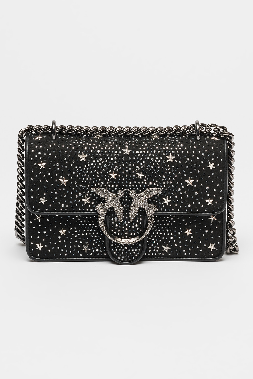 Pinko, Geanta crossbody cu strasuri Love, Negru, Argintiu