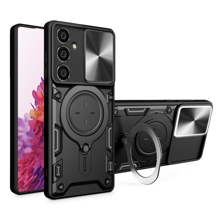 Husa pentru Samsung Galaxy A54, cu inel magnetic si suport ajustabil, protectie completa camera, SKDR SafeCover - Negru
