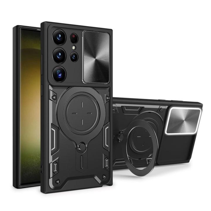Husa pentru Samsung Galaxy S23 Ultra, SKYDDAR INNOVATION, CamGuard Pro, Inel Magnetic, Protectie Camera, set cu sticker, Negru
