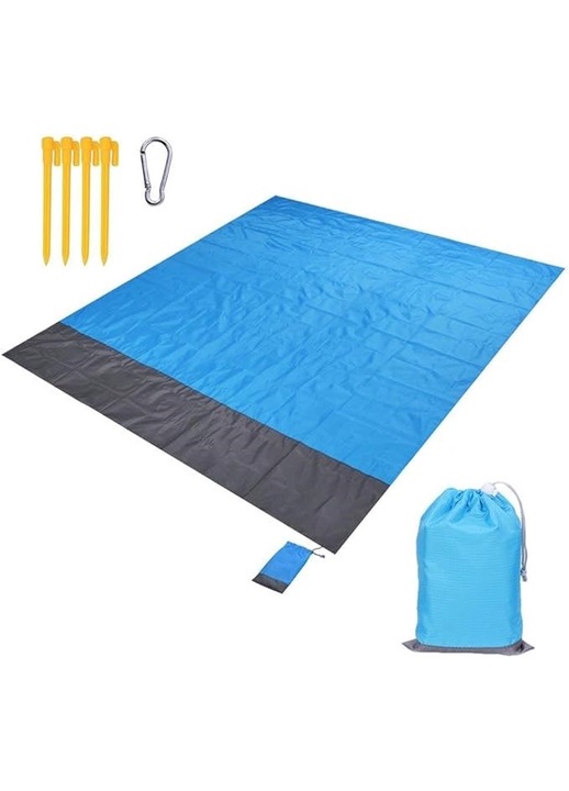 Patura de plaja, impermeabila, multifunctionala, albastru-gri, 200x210cm, set cu pietre de fixare