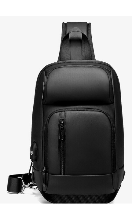 Geanta pentru barbati tip borseta de umar, de piept sau de mana, eleganta si spatioasa, cu suport incarcare USB, impermeabila, centura reglabila, dimensiuni 33 x 20 x 9 cm, neagra