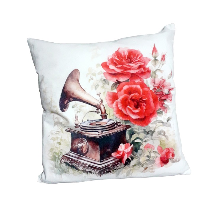 Perna decorativa alba, imprimeu cu gramofon si flori, 40x40 cm