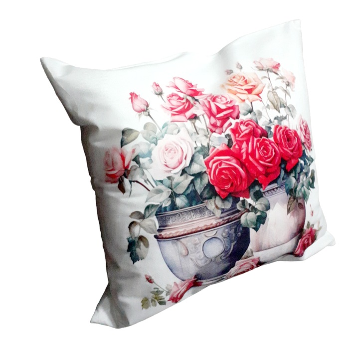 Perna decorativa alba, imprimeu vaza cu flori, 40x40 cm