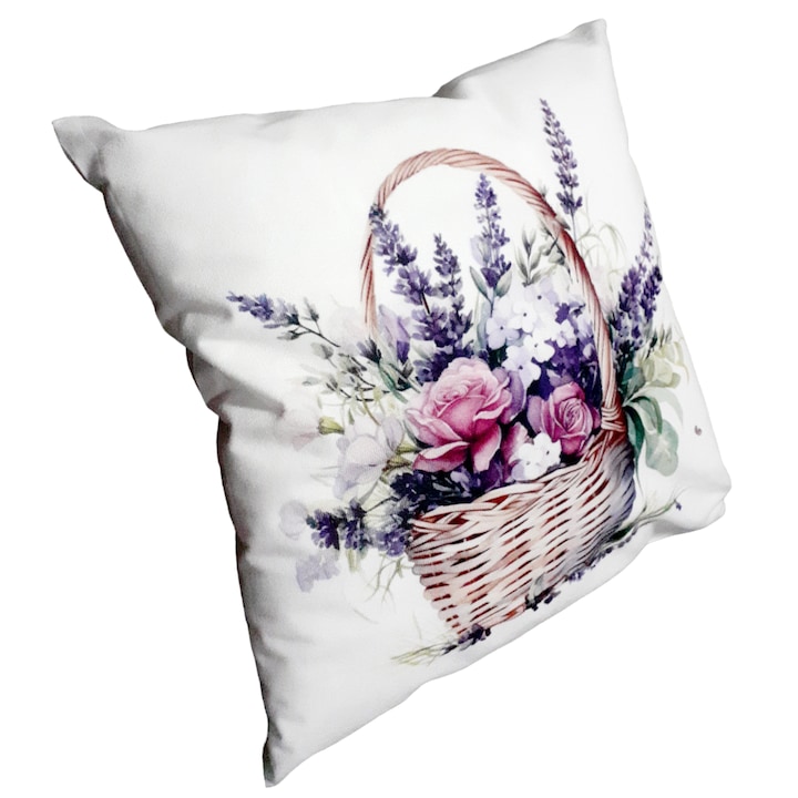 Perna decorativa alba, imprimeu cos cu flori de lavanda si trandafiri mov lila, 40x40 cm