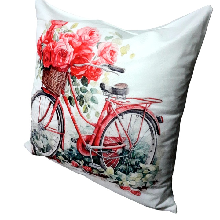 Perna decorativa alba, imprimeu bicicleta cu flori, 40x40 cm
