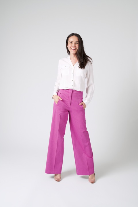 Pantaloni Secuiana la dunga, evazati, fuchsia, Bumbac